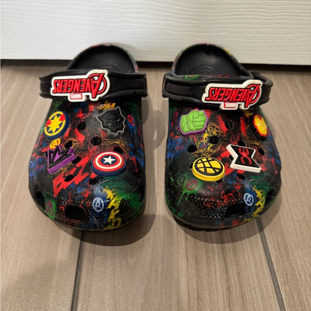 Marvel Avengers Black Crocs with Colorful Emblems